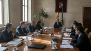 Fotografia periodistica realista de una sala de reuniones institucional en Espana con una mesa larga, documentos y una ban...