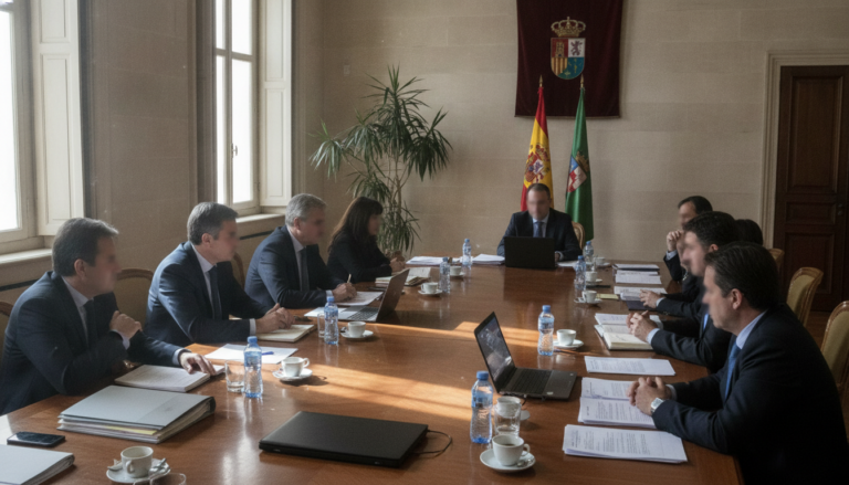 Fotografia periodistica realista de una sala de reuniones institucional en Espana con una mesa larga, documentos y una ban...