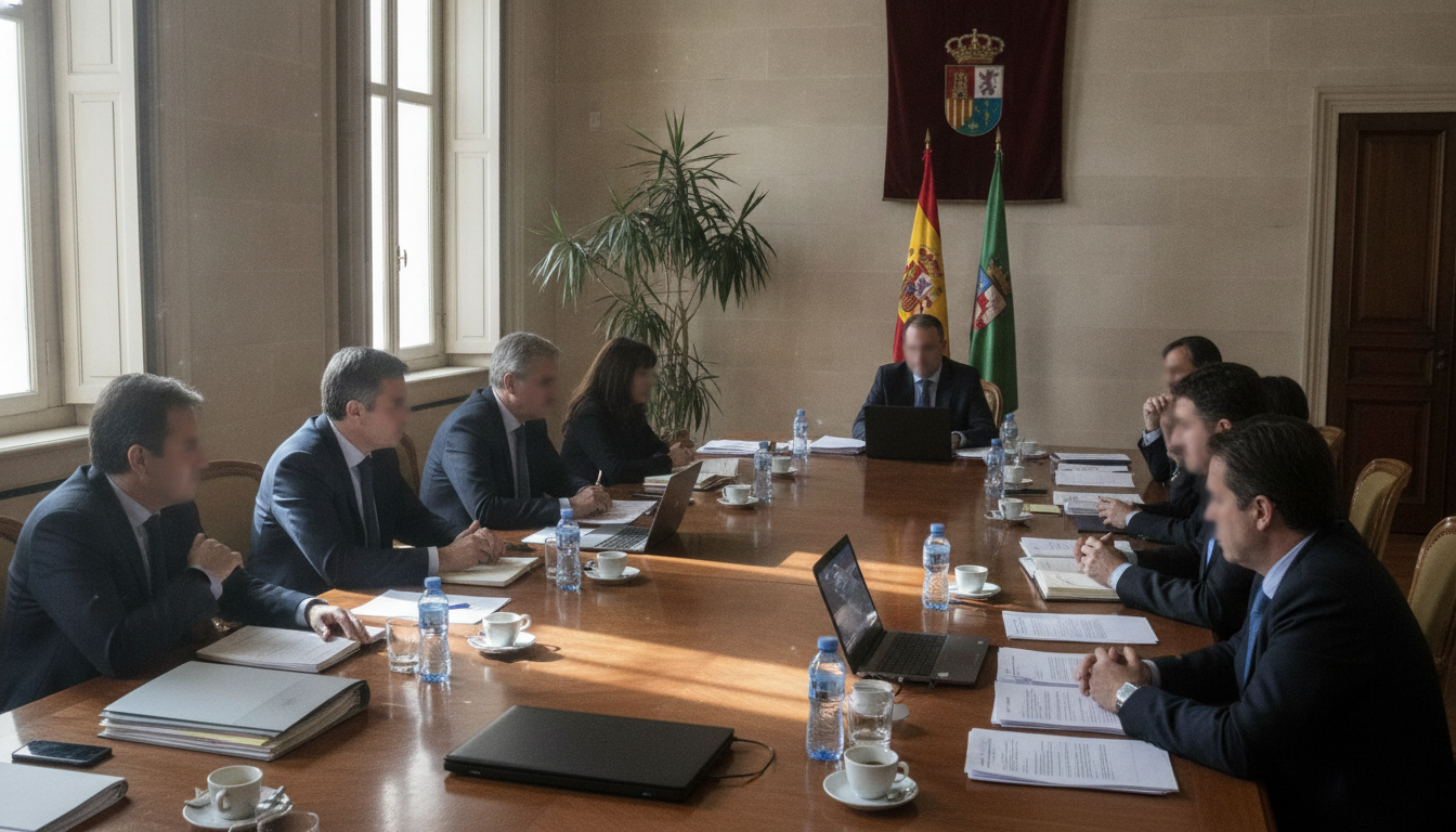 Fotografia periodistica realista de una sala de reuniones institucional en Espana con una mesa larga, documentos y una ban...