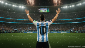Photo of a football player wearing a sky blue and white striped jersey, seen from behind in a packed evening stadium, cele...