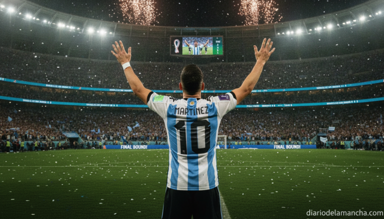 Photo of a football player wearing a sky blue and white striped jersey, seen from behind in a packed evening stadium, cele...