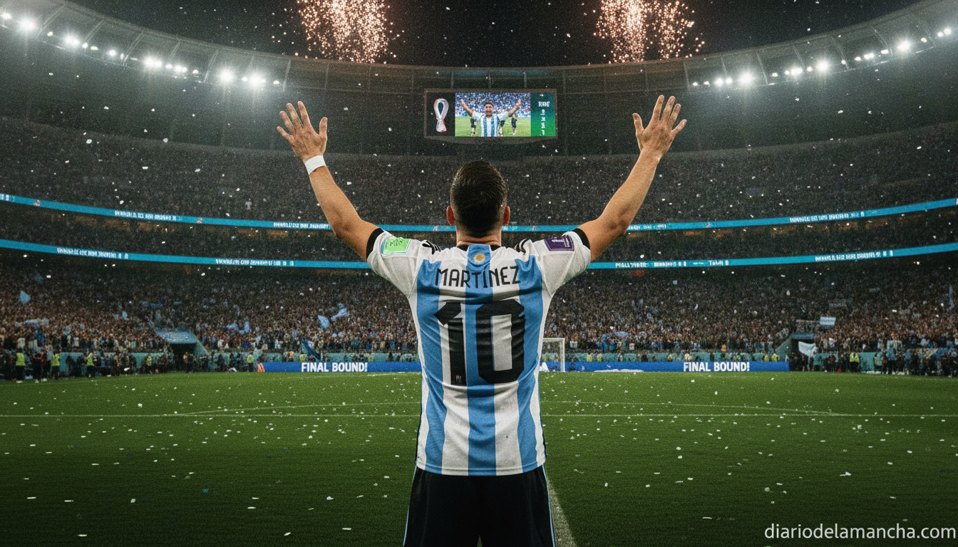 Photo of a football player wearing a sky blue and white striped jersey, seen from behind in a packed evening stadium, cele...
