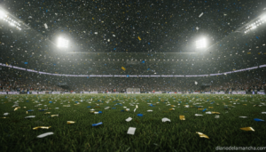 Sports journalism photograph of a football stadium at night after a final match, confetti falling over the pitch under bri...