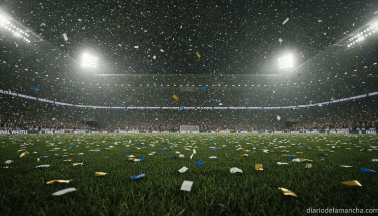Sports journalism photograph of a football stadium at night after a final match, confetti falling over the pitch under bri...