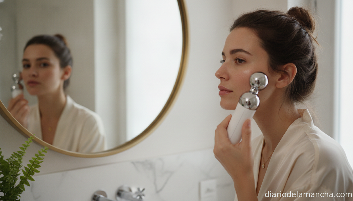 Probando seis dispositivos de microcorrientes para tonificar rostro y cuerpo 1 Mujer usando dispositivo de microcorrientes facial