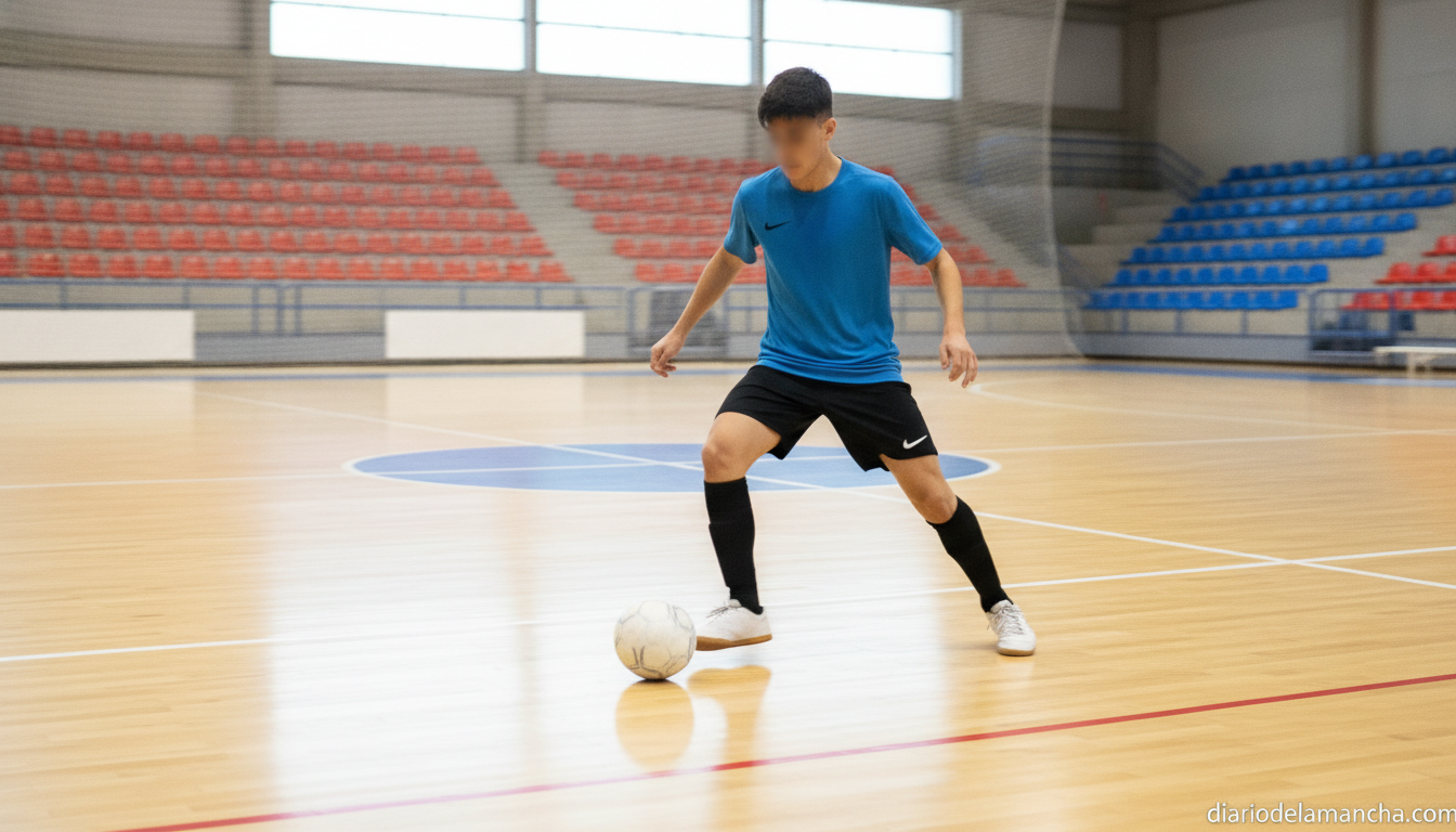 Realistic photograph of an indoor futsal court, a young male futsal player in a generic plain sports kit without visible l...