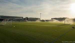 Realistic photojournalistic wide shot of an empty football training ground, green pitch, goal posts, morning light, modern...