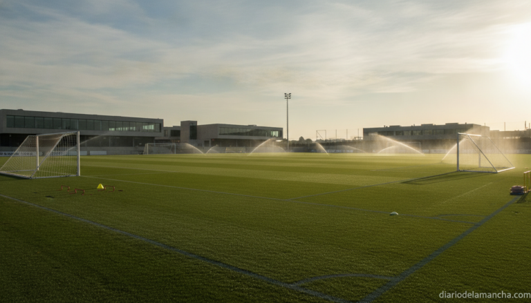 Realistic photojournalistic wide shot of an empty football training ground, green pitch, goal posts, morning light, modern...