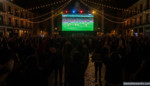 Realistic photojournalism style image of a giant outdoor LED screen at night showing a football match, large crowd of fans...