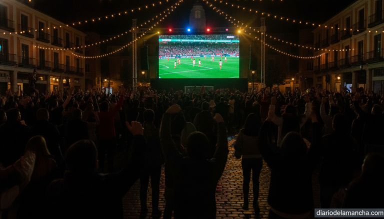 Realistic photojournalism style image of a giant outdoor LED screen at night showing a football match, large crowd of fans...