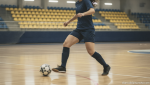 Realistic photojournalism-style photo of a female futsal player in action on an indoor court, dribbling the ball, sports h...