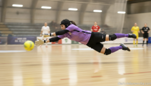 Action shot of a female futsal goalkeeper diving to make a save on an indoor court, dynamic sports photography, motion blu...