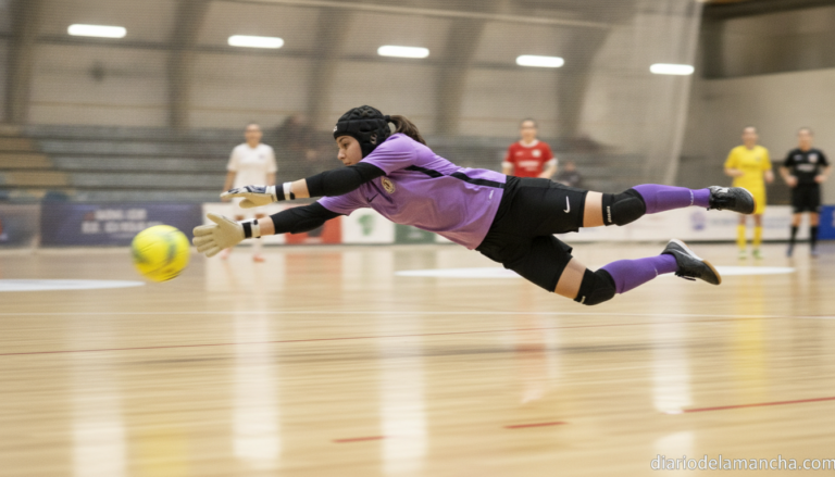 Action shot of a female futsal goalkeeper diving to make a save on an indoor court, dynamic sports photography, motion blu...