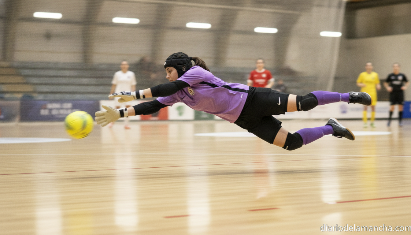 Action shot of a female futsal goalkeeper diving to make a save on an indoor court, dynamic sports photography, motion blu...