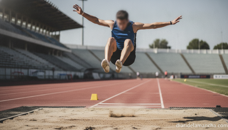Realistic photojournalism-style photo of an athlete performing a triple jump on an outdoor athletics track, mid-air over t...