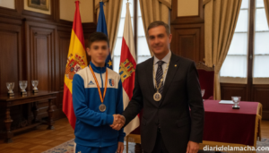 Photojournalistic realistic photo of a formal town hall reception room in Spain, a young athlete in tracksuit shaking hand...