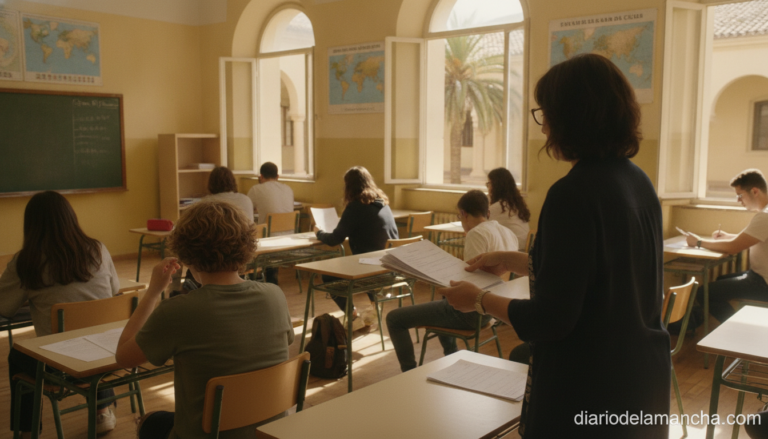 Classroom teacher handing back exam papers to students in a Spanish school, natural light, realistic photography style, ca...