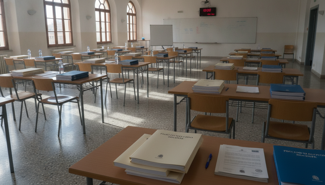 Sala de examen con mesas y sillas vacías en un edificio administrativo público, documentos oficiales apilados, ambiente fo...