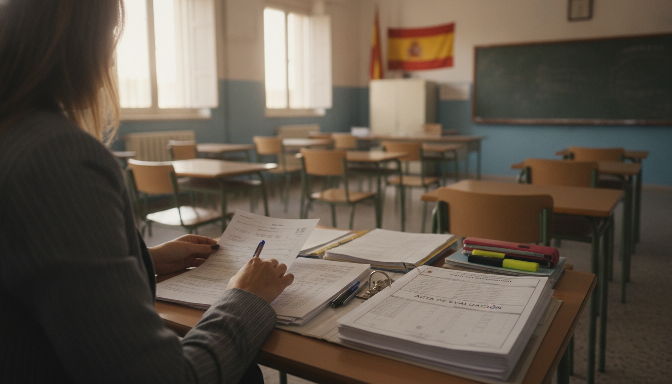 Classroom exam setting in Spain, teacher candidate sitting at desk reviewing official documents and score sheets, natural ...