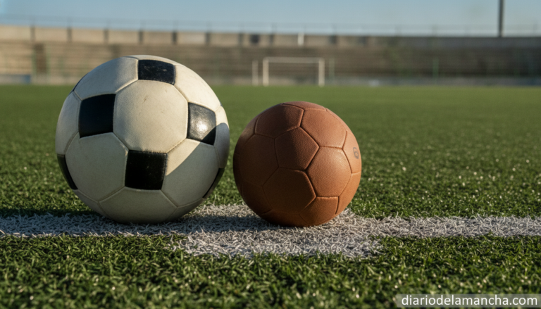 Close-up of a football and a futsal ball resting side by side on a painted regional stadium pitch line, outdoor daylight, ...