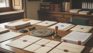 Fotografía periodística realista de una oficina administrativa española con sello oficial, carpetas selladas y documentos ...