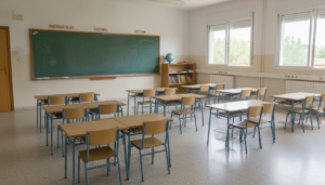 Aula de educación primaria en España con pupitres vacíos, pizarra y ventanas con luz natural, ambiente escolar tranquilo, ...