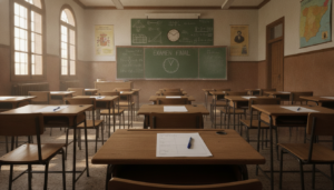 Aula de colegio en España con pupitres y pizarra, sala de examen con folios y bolígrafos sobre las mesas, luz natural, amb...