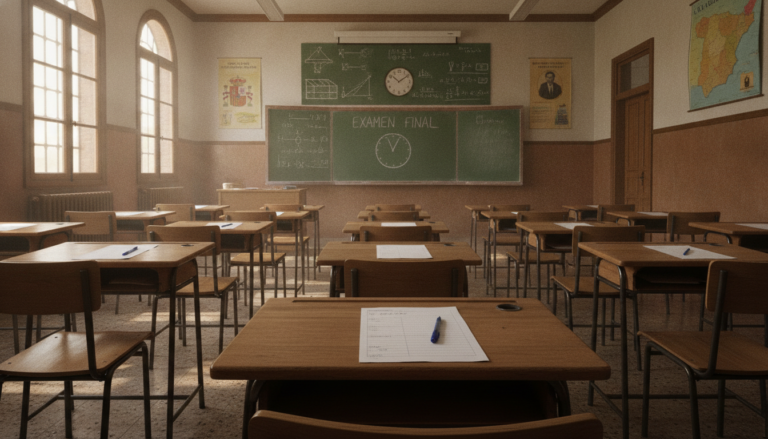 Aula de colegio en España con pupitres y pizarra, sala de examen con folios y bolígrafos sobre las mesas, luz natural, amb...
