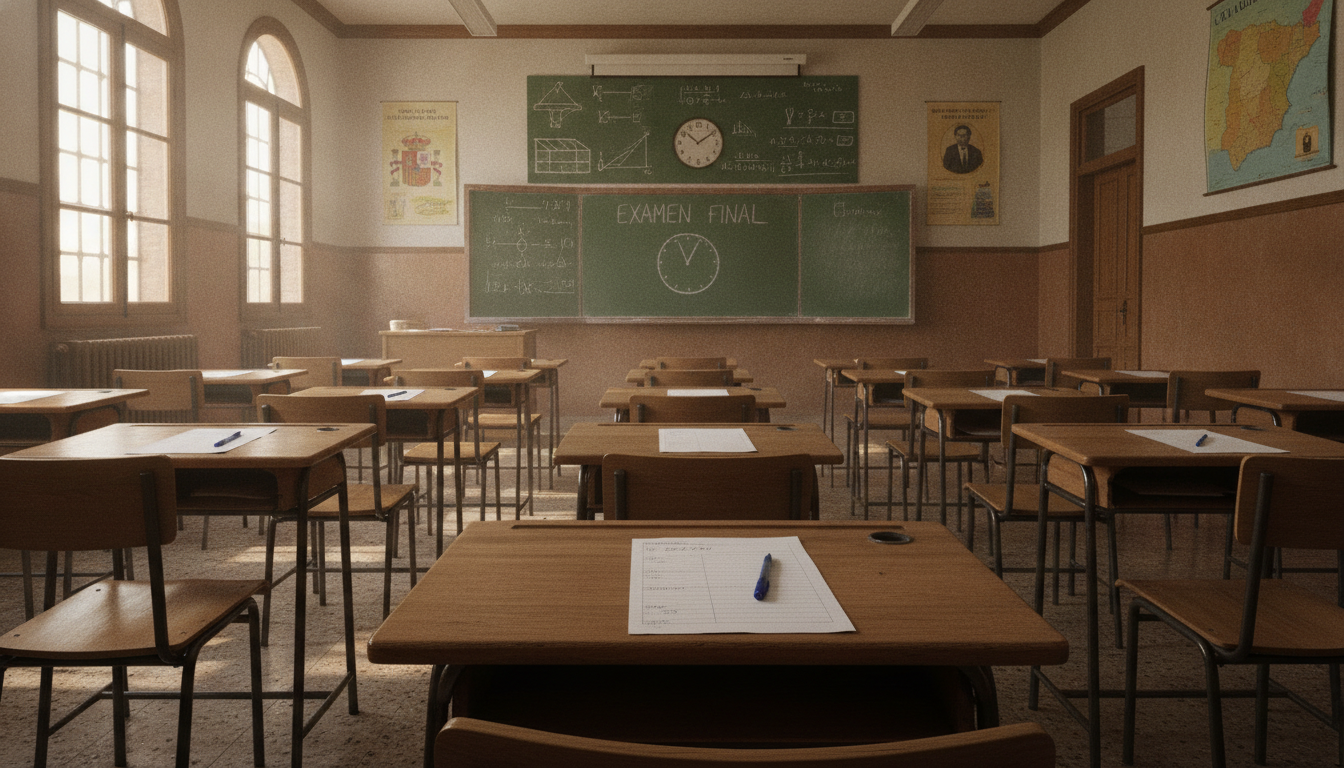 Aula de colegio en España con pupitres y pizarra, sala de examen con folios y bolígrafos sobre las mesas, luz natural, amb...