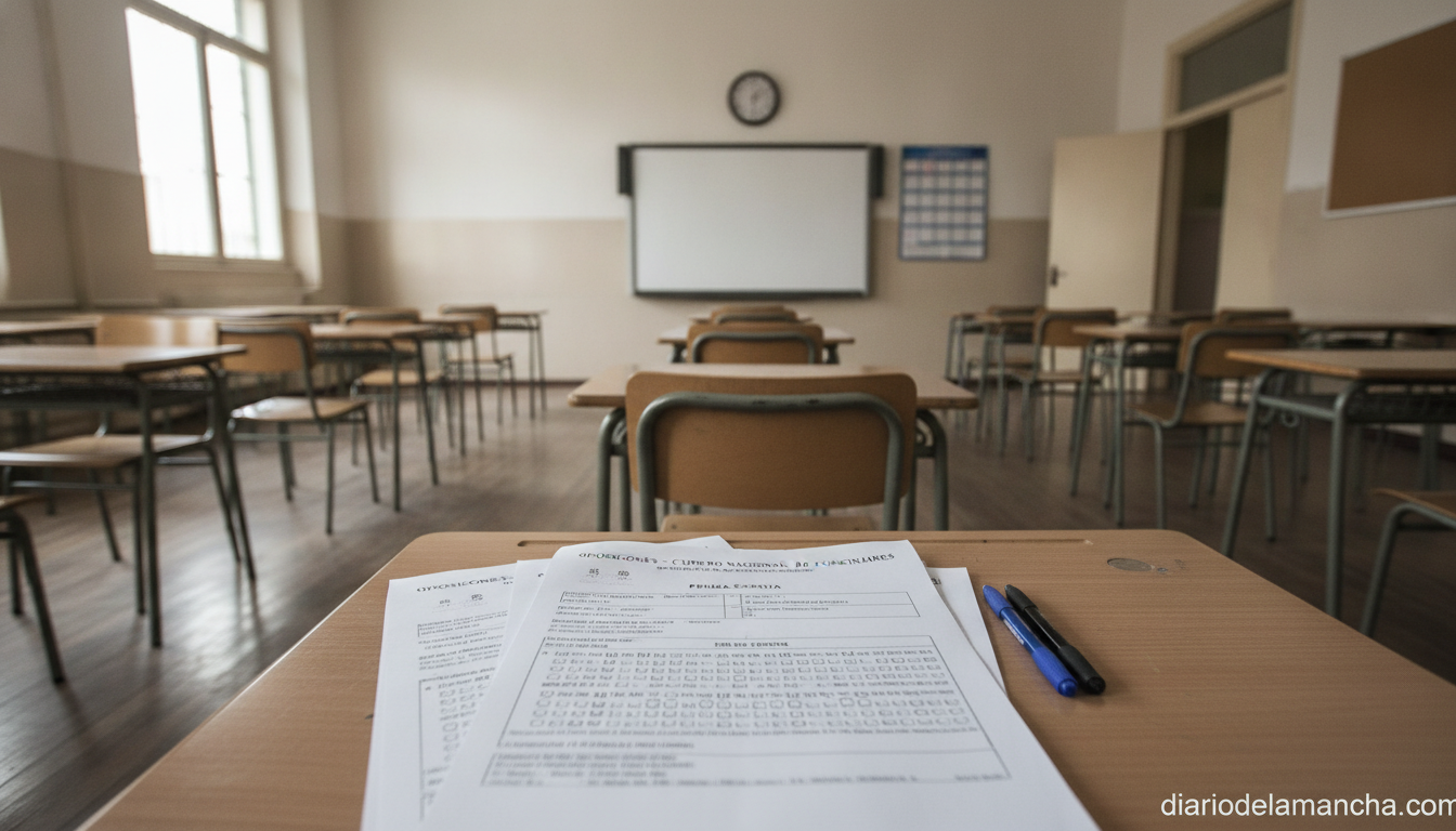 Photojournalistic editorial photo of a Spanish school classroom used as an exam venue for teaching civil service exams: em...