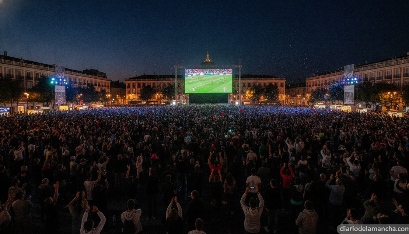 Large outdoor public square at night with a big screen showing a football match, crowd of excited fans watching together u...