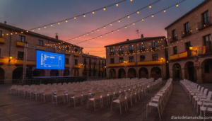Evening scene in a Spanish town square with a large outdoor screen set up for a public football viewing event, rows of emp...