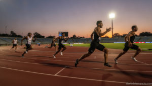Editorial photo of sprinters racing on a red outdoor athletics track during a 400 meter final, dynamic motion blur, stadiu...