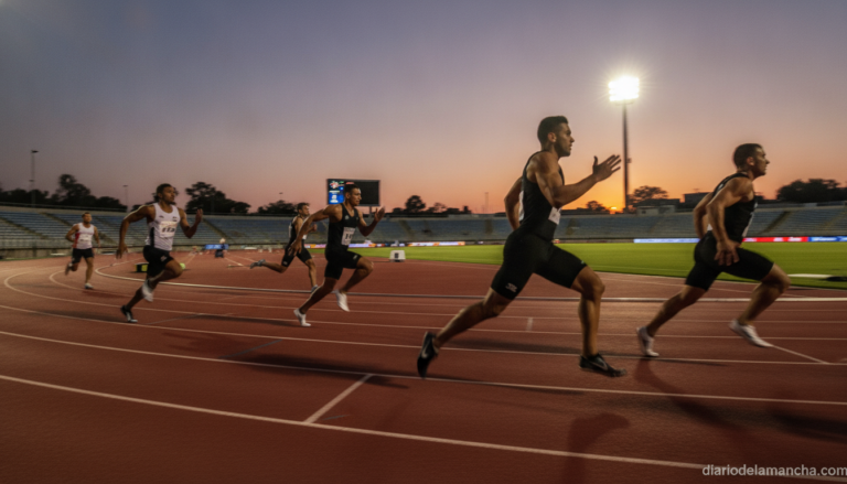 Editorial photo of sprinters racing on a red outdoor athletics track during a 400 meter final, dynamic motion blur, stadiu...