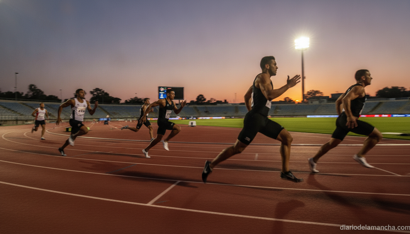 Editorial photo of sprinters racing on a red outdoor athletics track during a 400 meter final, dynamic motion blur, stadiu...