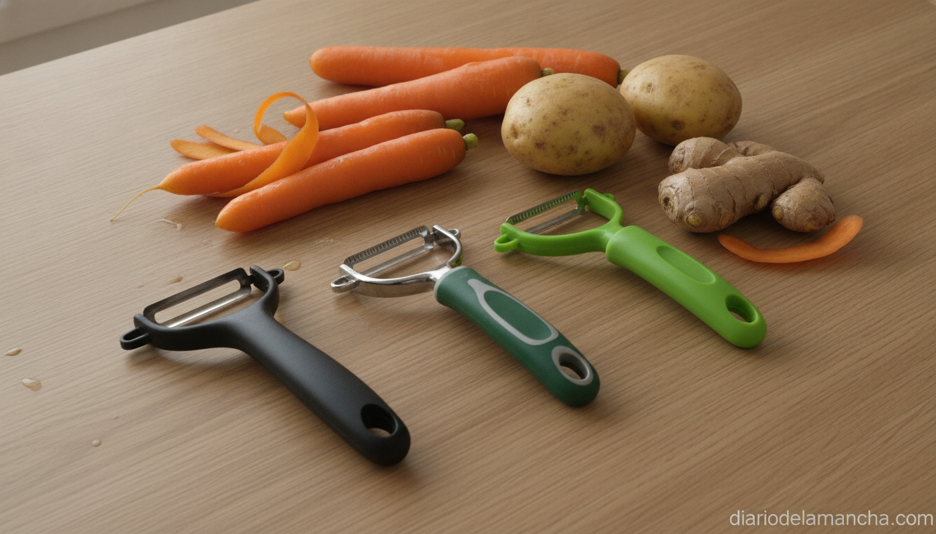 Peladores de verduras Oxo, Lantana y Fackelmann sobre encimera de cocina