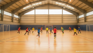 Wide shot inside an indoor sports pavilion, a group of children aged 5 to 13 playing futsal, colorful sports jerseys, futs...