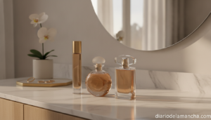 Perfumes elegantes sobre tocador de marmol