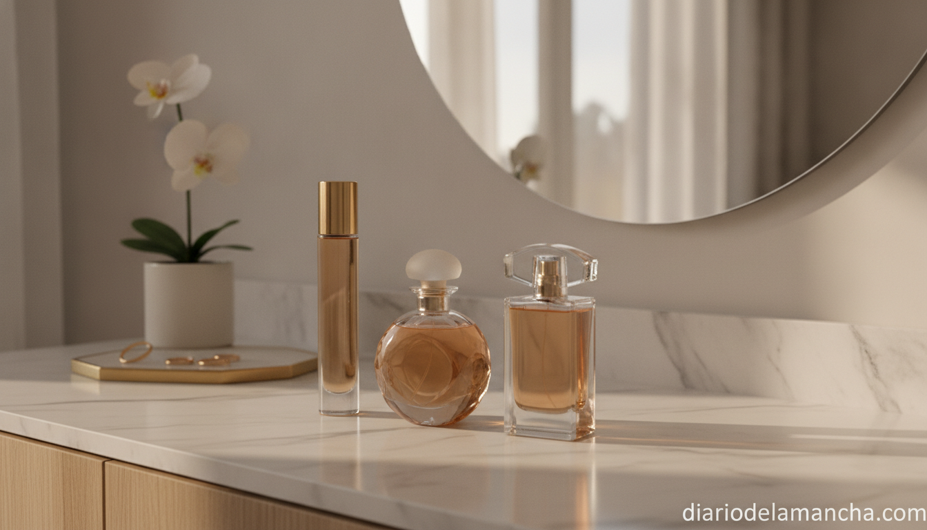 Perfumes elegantes sobre tocador de marmol