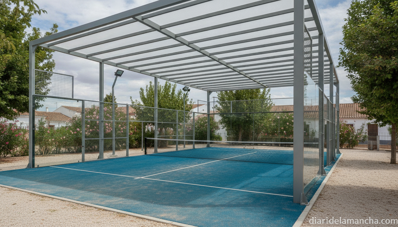 Outdoor paddle tennis court with a modern covered structure, blue-green synthetic surface, net in the center, natural ligh...