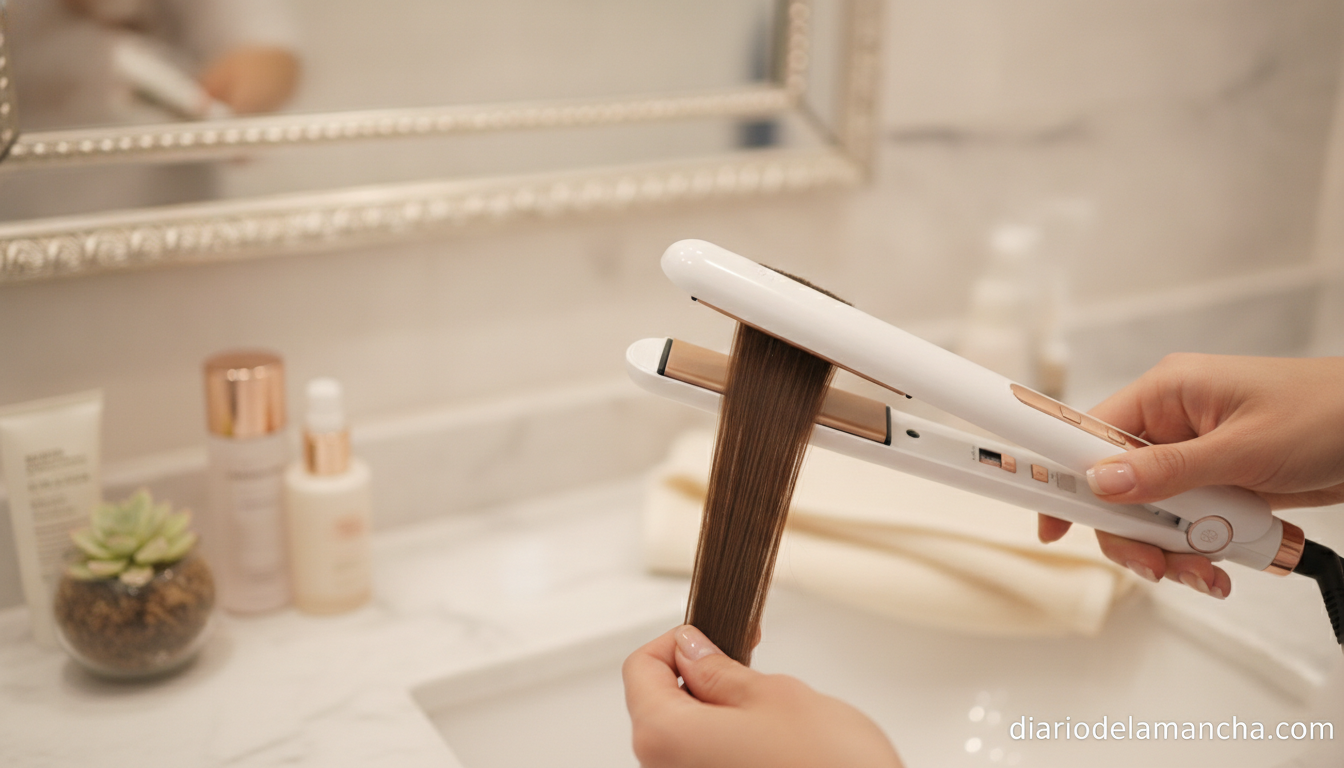 Plancha de pelo inalámbrica alisando el cabello