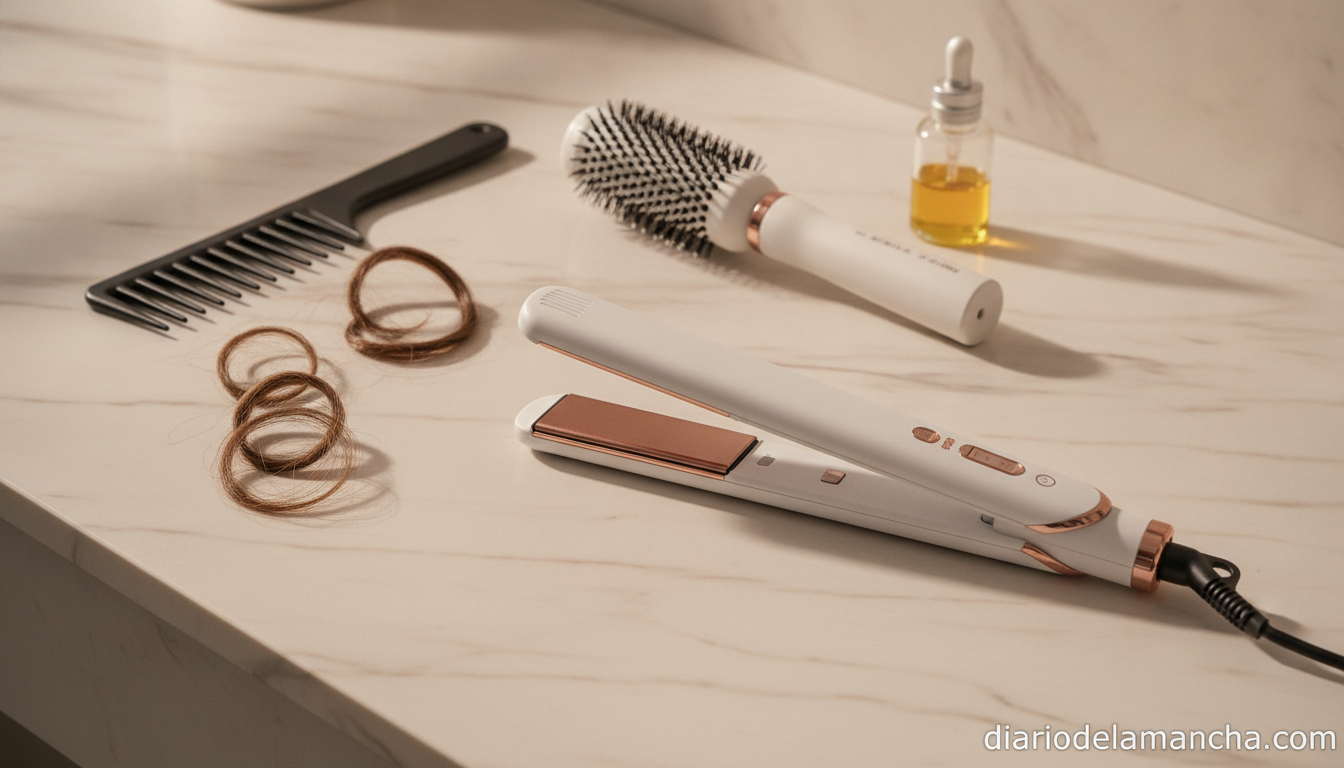Plancha de pelo inalámbrica sobre tocador de baño