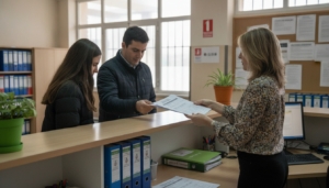 Fotografia realista periodistica de una secretaria de un centro educativo español entregando un formulario de matricula a ...