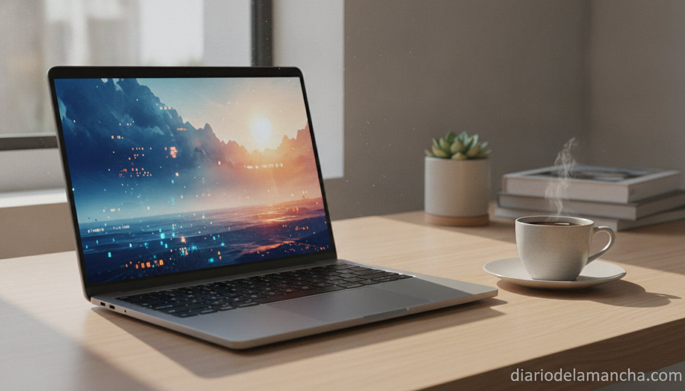 Portátil moderno con pantalla OLED en escritorio de oficina
