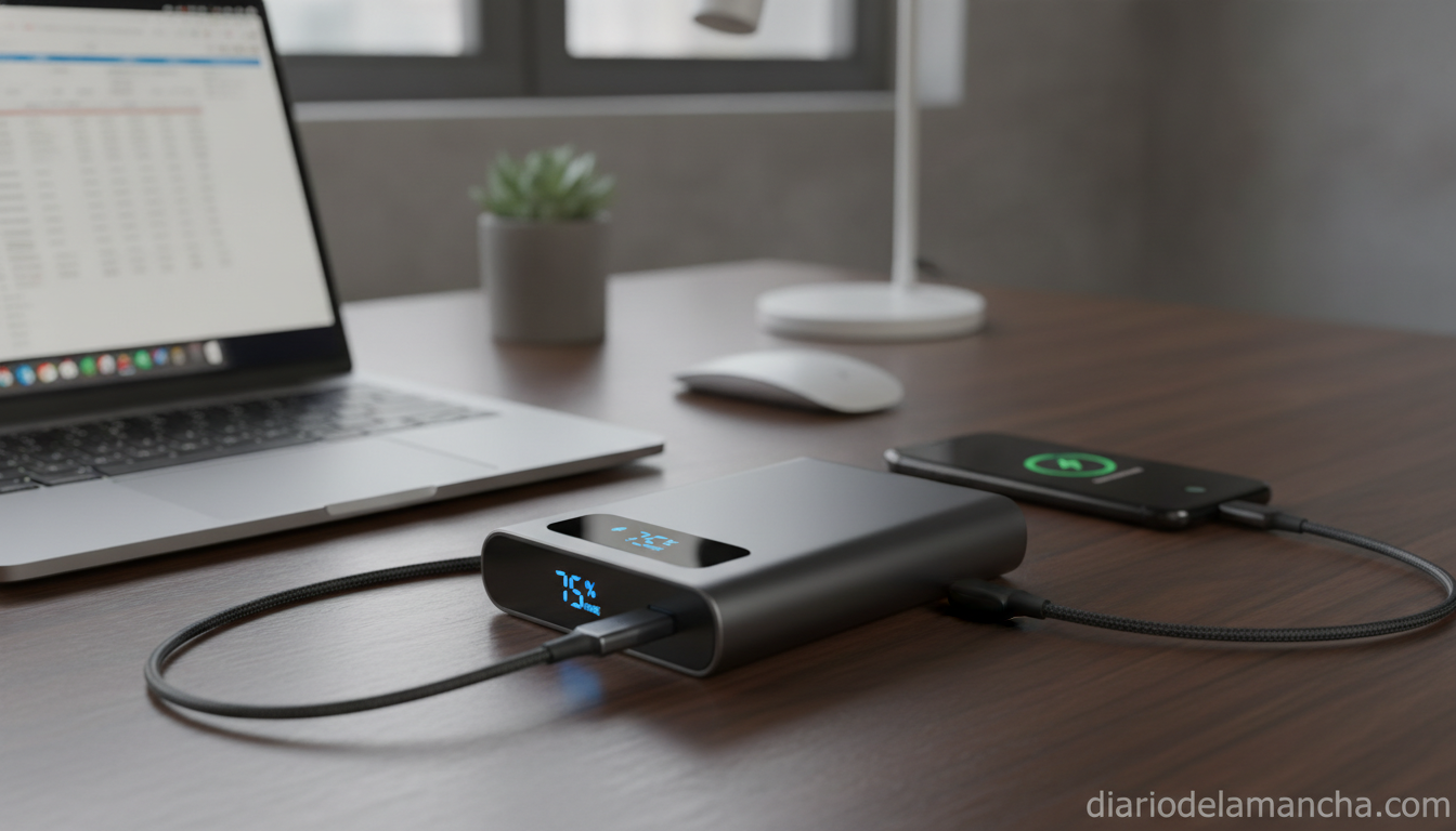 Powerbank cargando portatil y movil en un escritorio