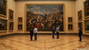 Wide shot of the interior of a grand classical art museum gallery, elegant parquet floor, ornate gold picture frames on th...