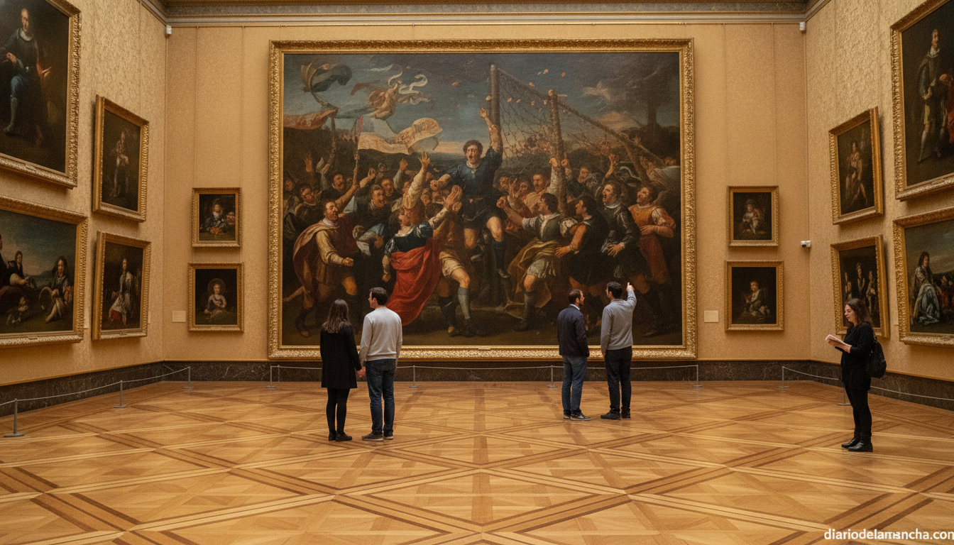 Wide shot of the interior of a grand classical art museum gallery, elegant parquet floor, ornate gold picture frames on th...