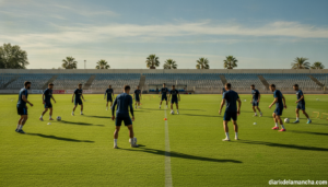 Realistic photojournalism style image of a football pre-season training session on a green pitch in Spain, players in gene...