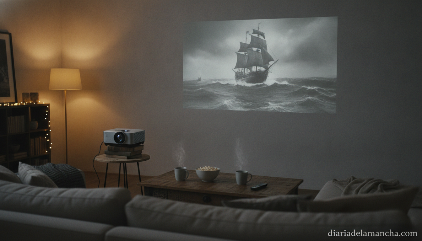 Proyector portátil proyectando una película en el salón