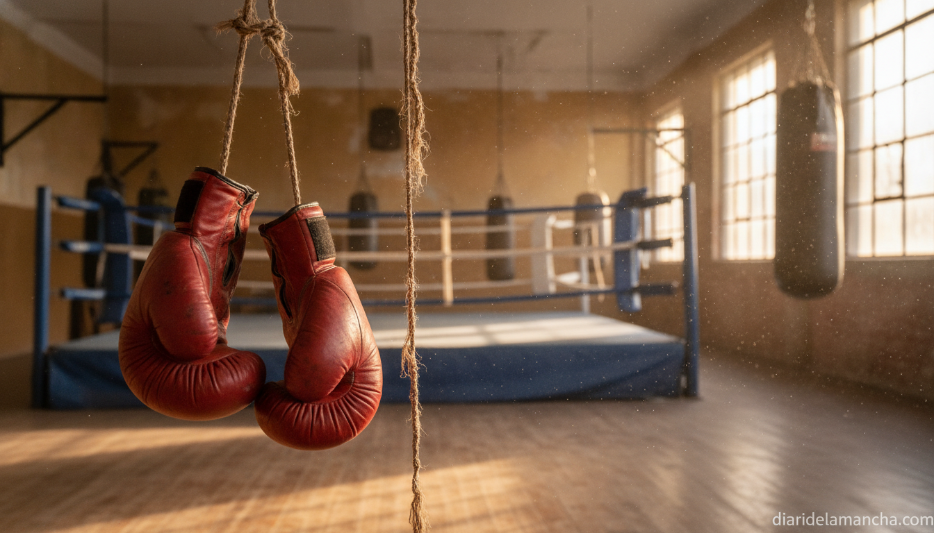 Sports journalism photograph of a boxing gym interior in Spain, red boxing gloves hanging on ropes, a boxing ring with blu...